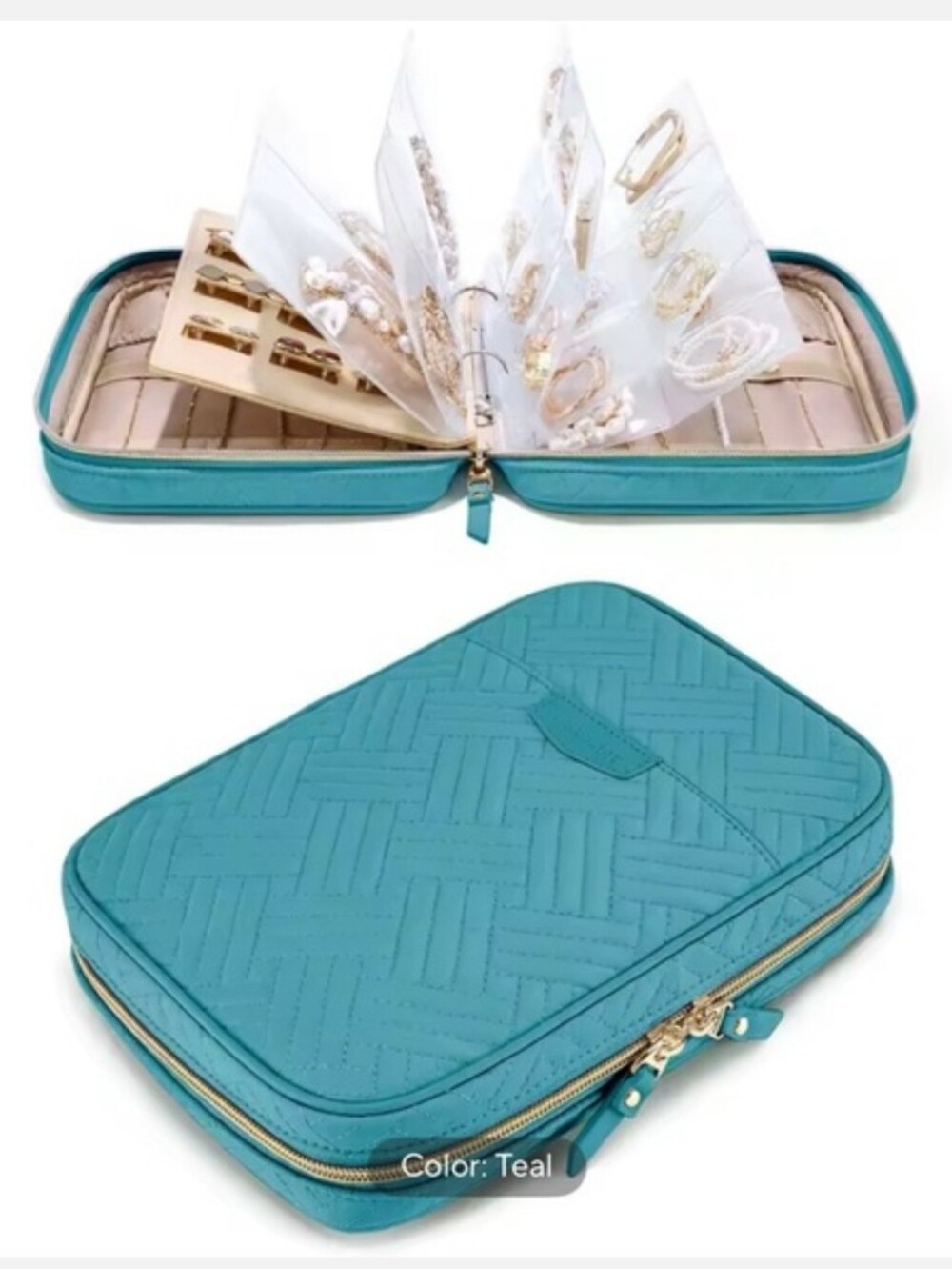 Travel Jewelry Organizer Case Ring Binder Book with a Zipper - Mint Green NEW